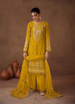 Yellow Organza Embroidered Festive-Wear Palazzo-Bottom Salwar Kameez