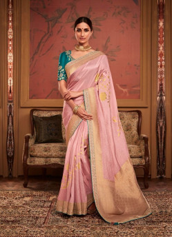 Pink Dola Silk Embroidered Party-Wear Saree
