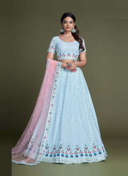 Light Sky Blue Georgette Sequins-Work Lehenga Choli For Evening Party & Occasions