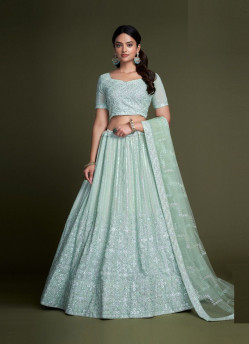 Light Blue Georgette Sequins-Work Lehenga Choli For Evening Party & Occasions