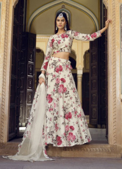 White & Pink Finest Crushed Silk Floral Digitally Printed Party-Wear Lehenga Choli