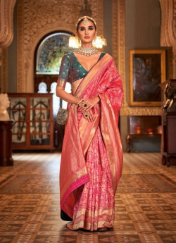 Pink Banarasi Silk Embroidered Saree For Traditional / Religious Occasions