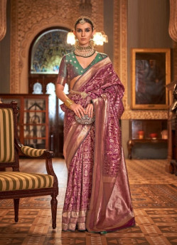 Purple Banarasi Silk Embroidered Saree For Traditional / Religious Occasions
