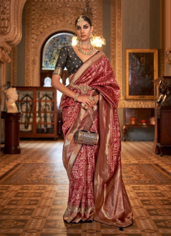 Wine Red Banarasi Silk Embroidered Saree For Traditional / Religious Occasions