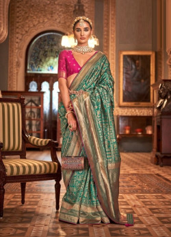 Sea Green Banarasi Silk Embroidered Saree For Traditional / Religious Occasions