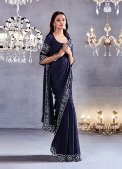 Teal Blue Pure Satin Viscose Stone-Work Party-Wear Boutique-Style Saree
