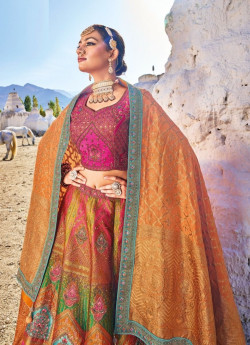 Multicolor Banarasi Silk Jacquard With Handwork Wedding-Wear Bridal Lehenga Choli