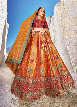Orange Banarasi Silk Jacquard With Handwork Wedding-Wear Bridal Lehenga Choli