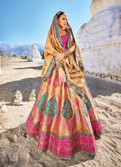 Cream & Magenta Banarasi Silk Jacquard With Handwork Wedding-Wear Bridal Lehenga Choli