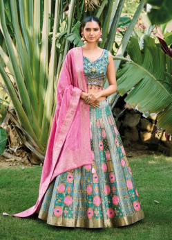 Light Blue & Pink Silk Wedding-Wear Readymade Bridal Lehenga Choli