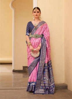 Pink & Blue Patola Silk Printed Saree For Traditional / Religious Occasions