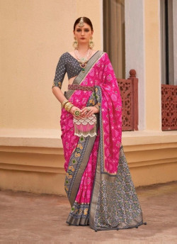 Magenta & Gray Patola Silk Printed Saree For Traditional / Religious Occasions