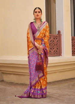 Orange & Purple Patola Silk Printed Saree For Traditional / Religious Occasions