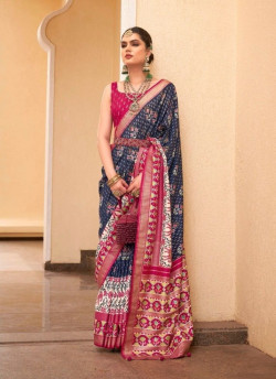 Navy Blue & Wine Patola Silk Printed Saree For Traditional / Religious Occasions