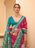 Crimson Red & Teal Blue Patola Silk Printed Saree For Traditional / Religious Occasions