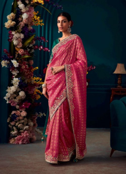 Dark Pink Kanjivaram Silk Wedding-Wear Saree With Handwork