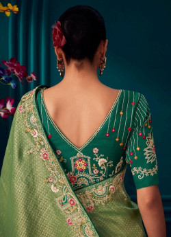 Light Teal Blue Kanjivaram Silk Wedding-Wear Saree With Handwork