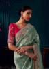 Light Teal Blue Kanjivaram Silk Wedding-Wear Saree With Handwork