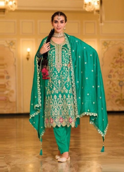 Jade Green Silk Embroidered Pant-Bottom Readymade Salwar Kameez For Traditional / Religious Occasions
