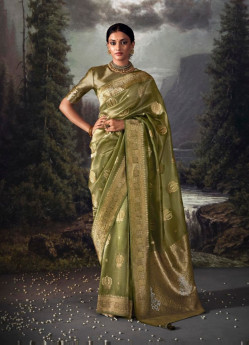 Olive Green Organza Silk Party-Wear Saree With Jacquard Weaving