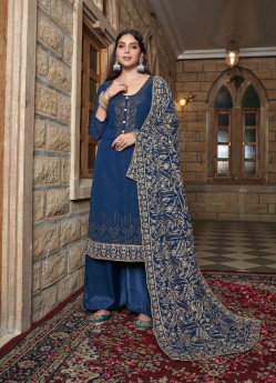 Royal Blue Georgette Embroidered Straight-Cut Salwar Kameez For Traditional / Religious Occasions