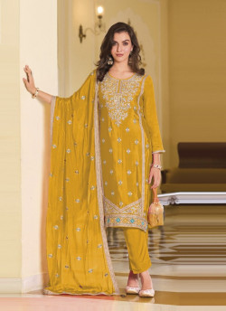 Mustard Yellow Premium Silk Embroidered Straight-Cut Salwar Kameez For Traditional / Religious Occasions