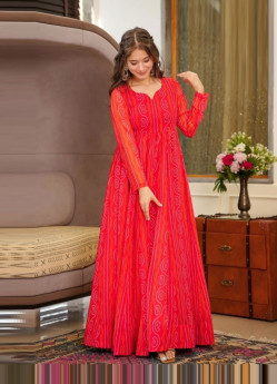 Orange Georgette Digitally Printed Resort-Wear Floor-Length Readymade Gown With Dupatta