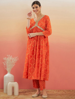 Orange Bandhani Printed Gotta Patti Pure Cotton A-Line Kurta with Trousers