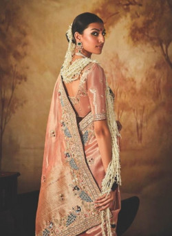 Sage Blue Kanjivaram Silk Tissue Hand Embroidered Wedding-Wear Saree