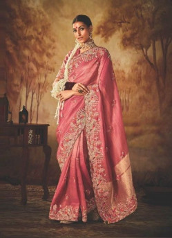 Light Coral Kanjivaram Silk Tissue Hand Embroidered Wedding-Wear Saree