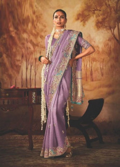 Lilac Kanjivaram Silk Tissue Hand Embroidered Wedding-Wear Saree