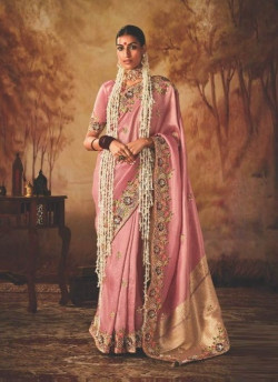 Pink Kanjivaram Silk Tissue Hand Embroidered Wedding-Wear Saree