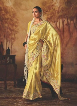 Yellow Kanjivaram Silk Tissue Hand Embroidered Wedding-Wear Saree