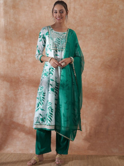 White & Green Floral Printed Thread Work A- Line Kurta & Trousers with Dupatta