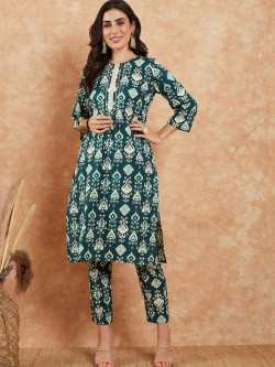 Ethnic Motifs Printed Pure Cotton Straight Kurta with Trousers