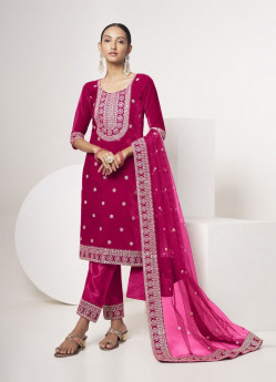 Dark Pink Velvet Embroidered Salwar Kameez For Traditional / Religious Occasions