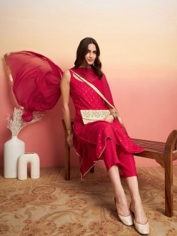 Embroidered Shoulder Straps Straight Kurta With Trousers & Dupatta
