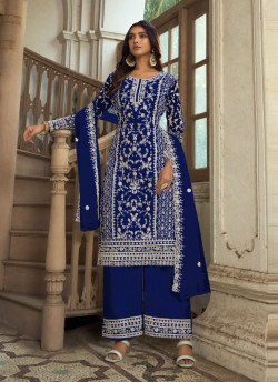 Blue Embroidered Festive-Wear Straight-Cut Salwar Kameez