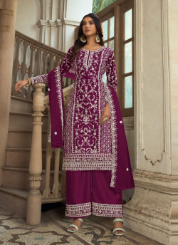 Purple Embroidered Festive-Wear Straight-Cut Salwar Kameez