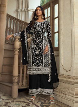 Black Embroidered Festive-Wear Straight-Cut Salwar Kameez