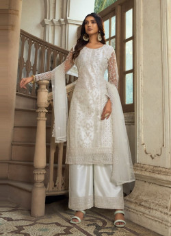 White Net Embroidered Festive-Wear Straight-Cut Salwar Kameez