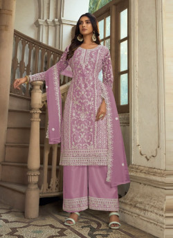 Lilac Net Embroidered Festive-Wear Straight-Cut Salwar Kameez