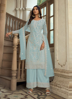 Light Sky Blue Net Embroidered Festive-Wear Straight-Cut Salwar Kameez