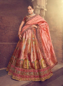 Salmon Banarasi Silk Handwork Wedding-Wear Bridal Lehenga Choli