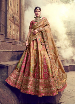 Light Peach & Magenta Banarasi Silk Handwork Wedding-Wear Bridal Lehenga Choli