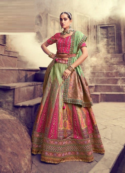 Light Green & Magenta Banarasi Silk Handwork Wedding-Wear Bridal Lehenga Choli