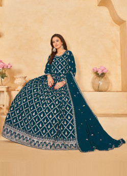 Sea Blue Georgette Embroidered Floor-Length Salwar Kameez For Traditional / Religious Occasions