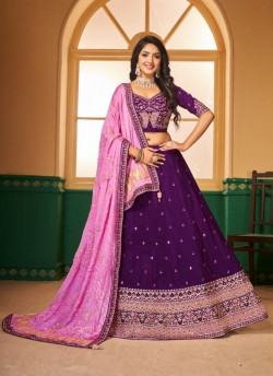 Purple Viscose Embroidered Wedding-Wear Lehenga Choli