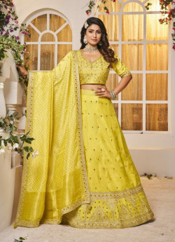 Yellow Viscose Embroidered Wedding-Wear Lehenga Choli