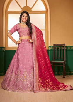 Pink Viscose Embroidered Wedding-Wear Lehenga Choli